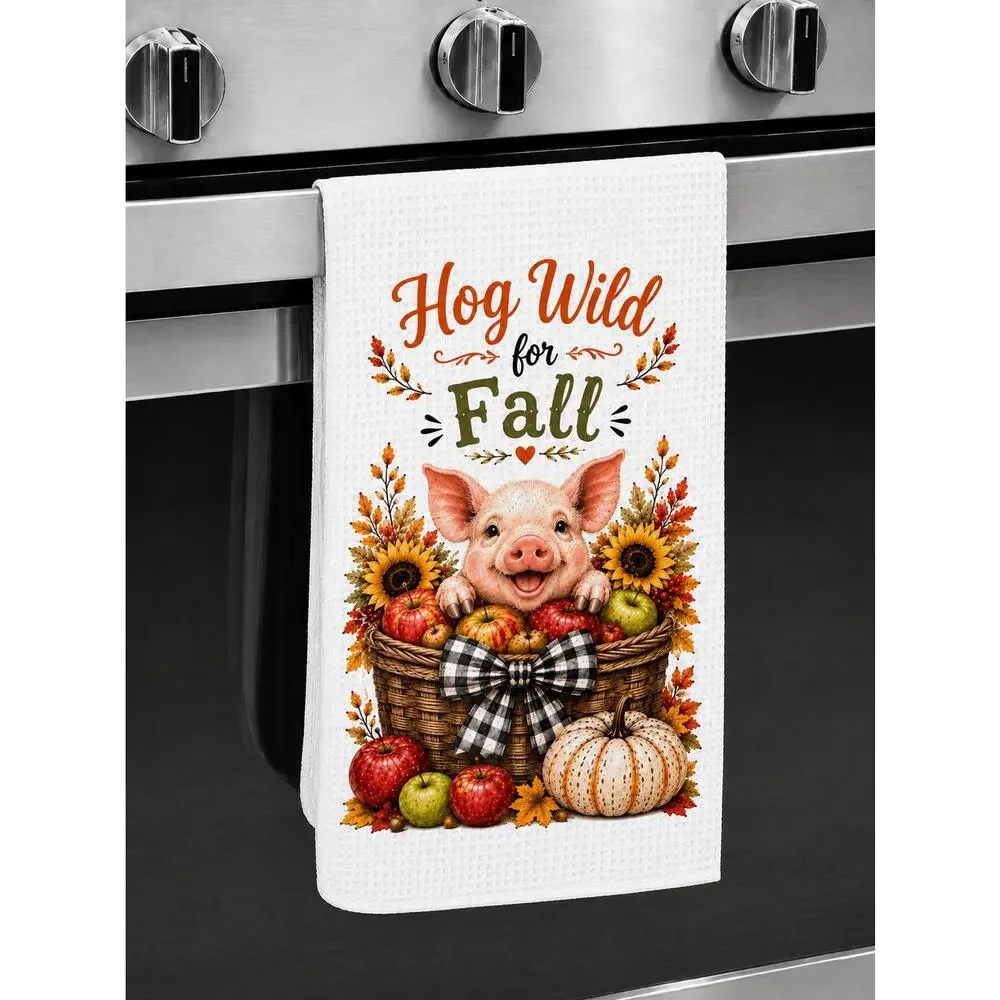 Hog Wild for Fall Pig Kitchen Towel Autumn Pumpkin Sunflower Farmhouse Decor